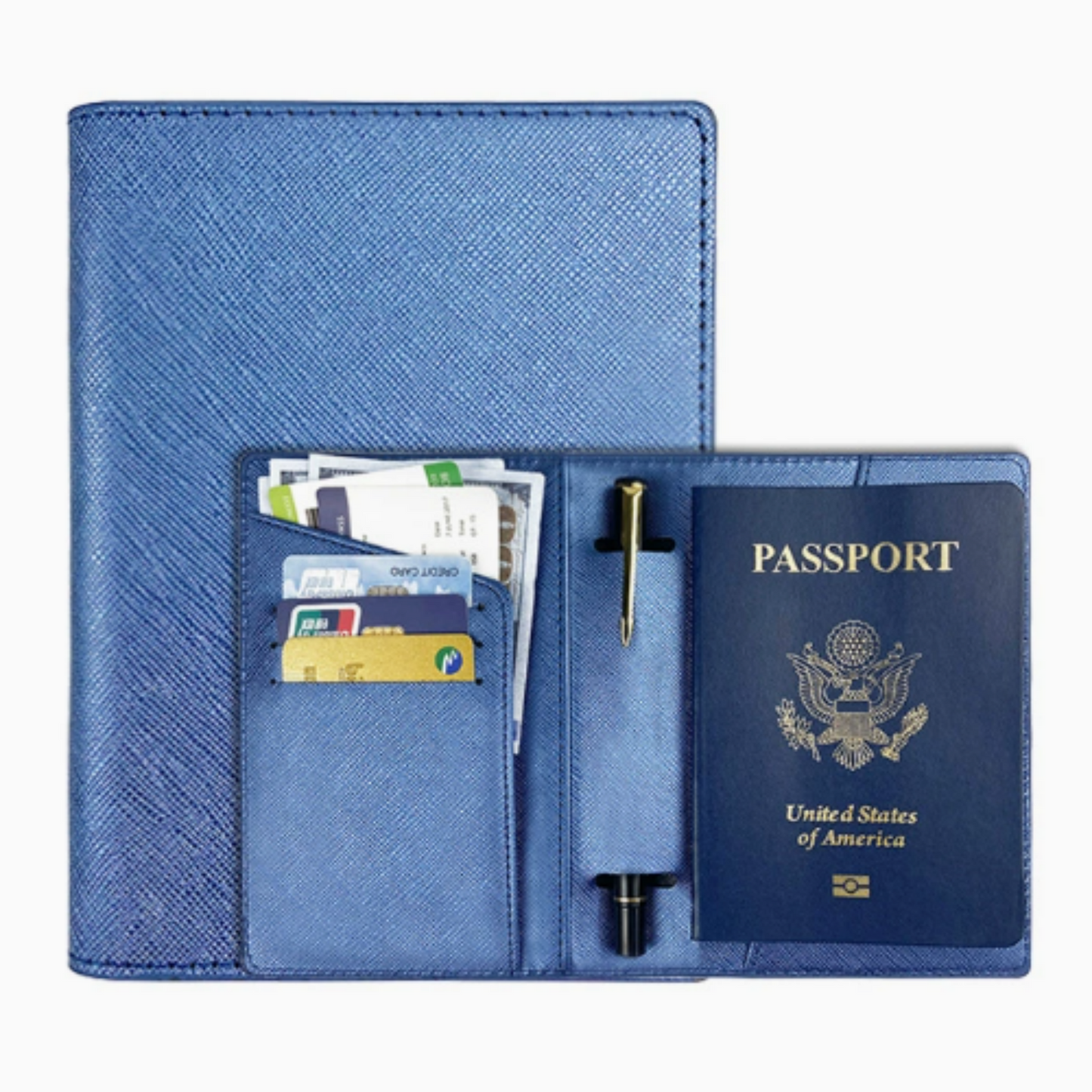 PU Leather Passport Wallet with Multiple Card Slots and Pen Holder