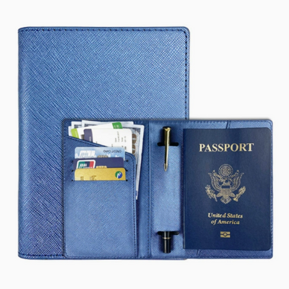 PU Leather Passport Wallet with Multiple Card Slots and Pen Holder