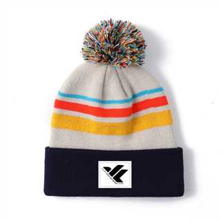 Colorful Striped Knit Beanie with Pom Pom