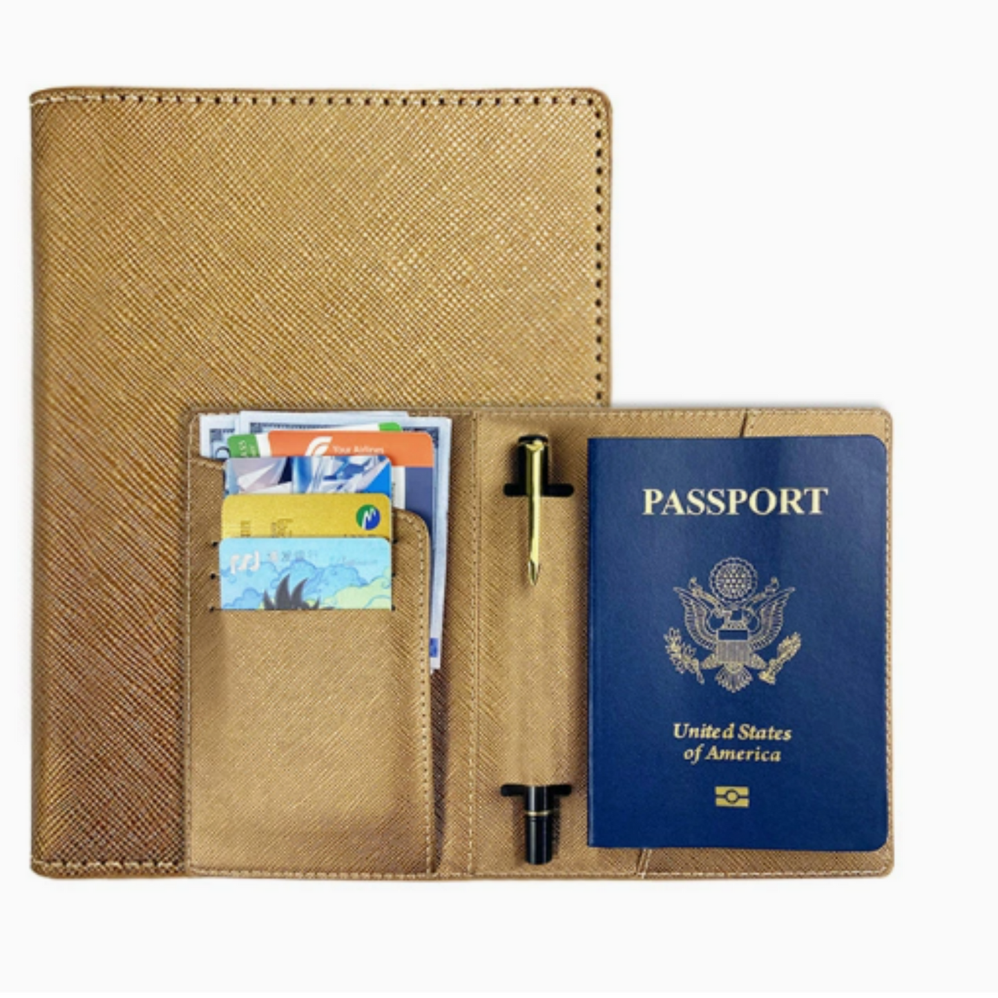 PU Leather Passport Wallet with Multiple Card Slots and Pen Holder